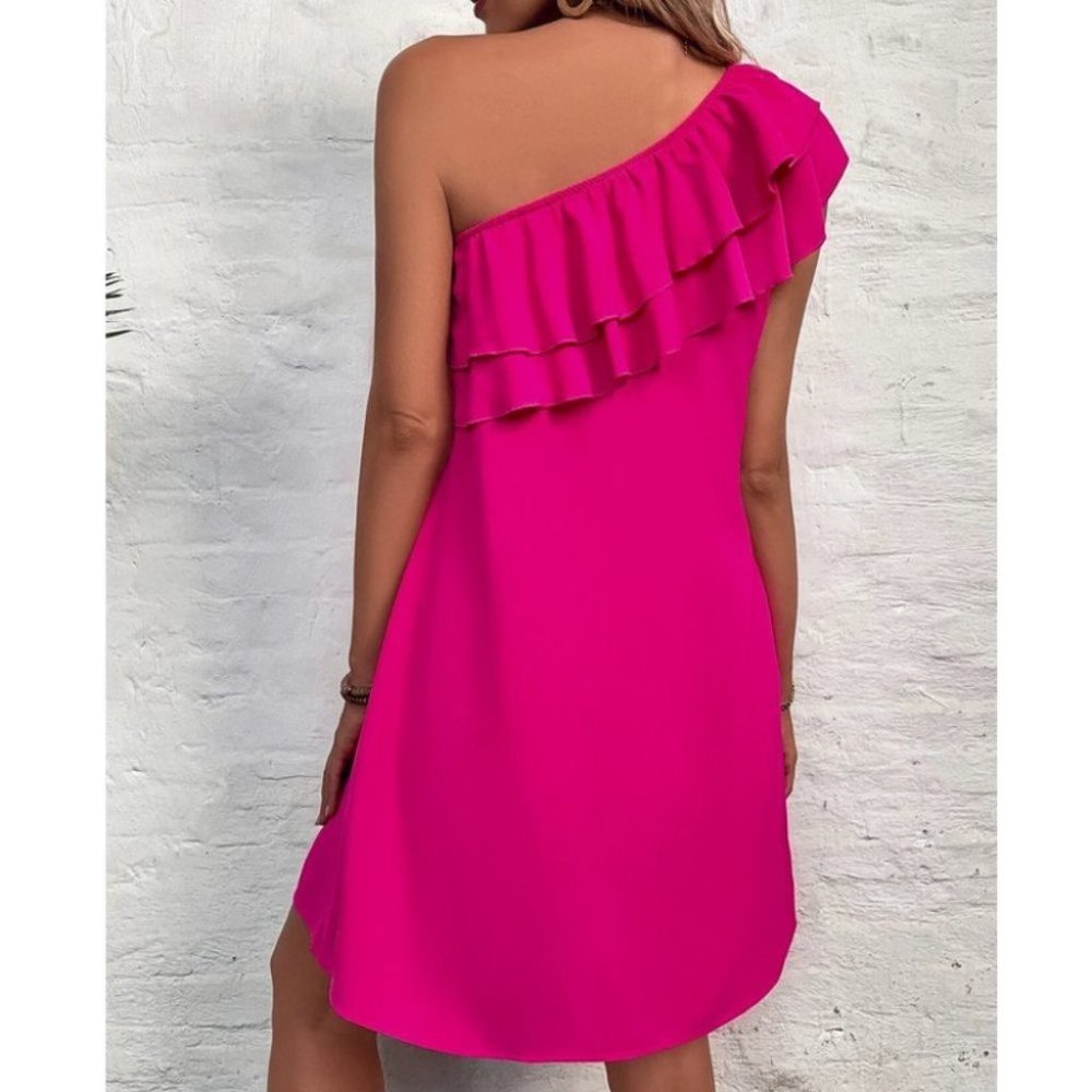 One Shoulder Ruffle Detail Tunic Mini Dress Vacation Hot Pink - Picture 3 of 8